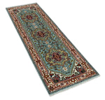 2.7x7.9 Traditional Mustard, Aqua and Ivory Hand knotted wool Area Rug