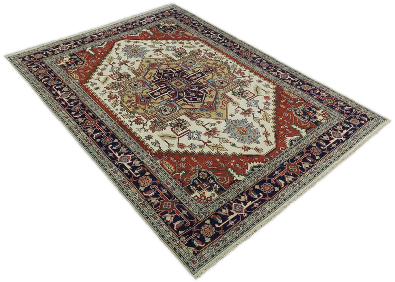 8x8, 8x10, 9x12,10x14 and 12x15 Hand Knotted Ivory and Blue Traditional Heriz Serapi Antique Wool Rug | TRDCP76