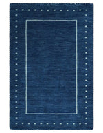 Modern Solid Plane Blue Hand Loomed Southwestern Gabbeh Custom Made wool Area Rug