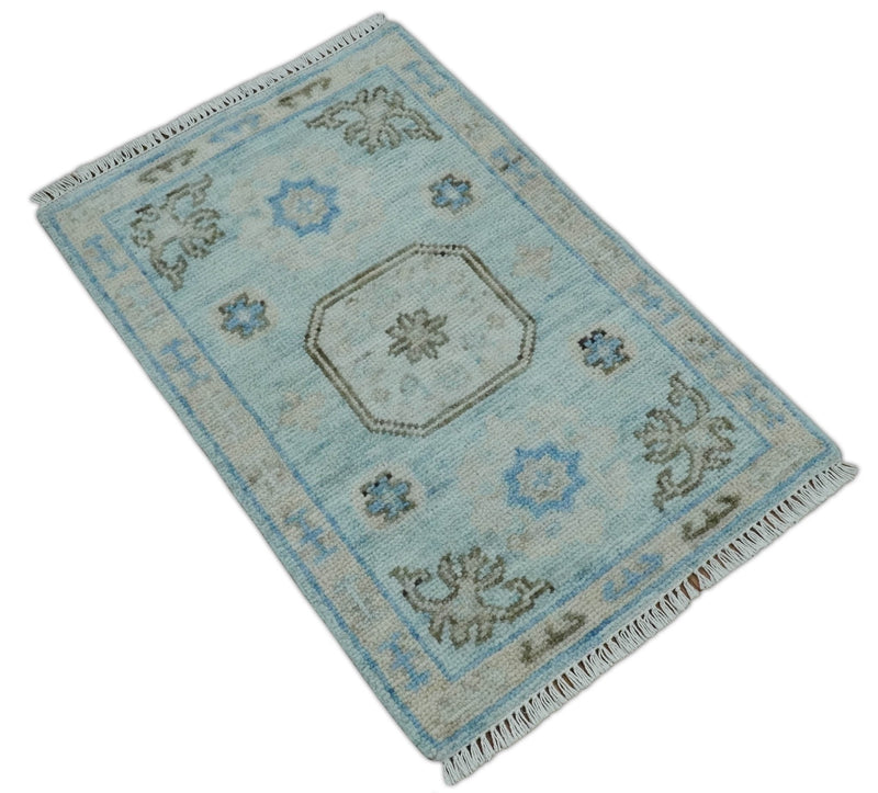 2x3 Aqua, Silver and Brown Hand Knotted Traditional Antique Style Design Wool Rug | TRDCP127823