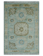 2x3 Hand Knotted Aqua and Olive Oushak Wool Rug, Entryway Rug | TRDCP124523