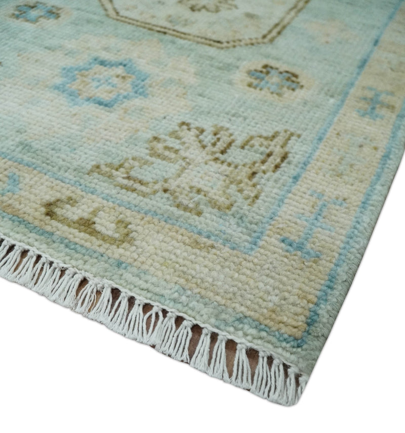 2x3 Hand Knotted Aqua and Olive Oushak Wool Rug, Entryway Rug | TRDCP124523