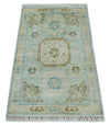 2x3 Hand Knotted Aqua and Olive Oushak Wool Rug, Entryway Rug | TRDCP124523