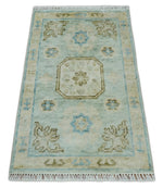 2x3 Hand Knotted Aqua and Olive Oushak Wool Rug, Entryway Rug | TRDCP124523