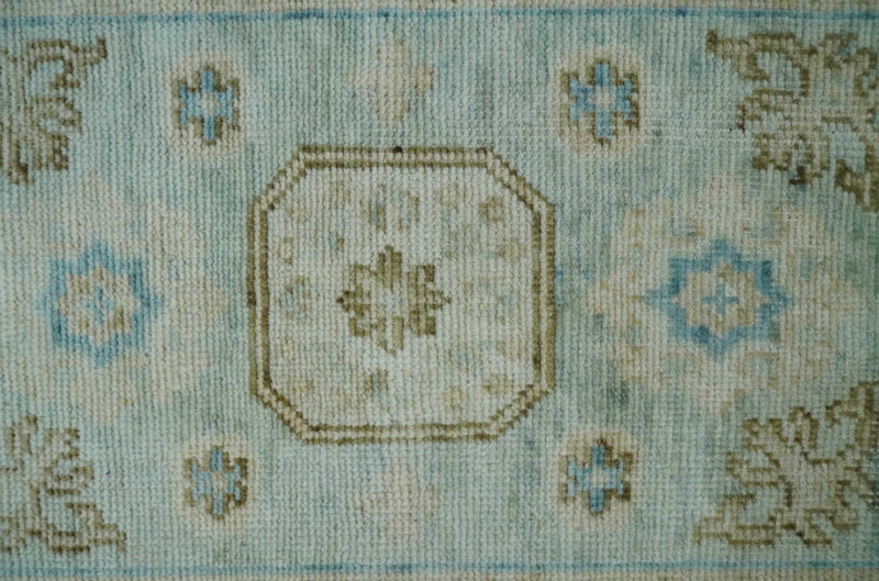 2x3 Hand Knotted Aqua and Olive Oushak Wool Rug, Entryway Rug | TRDCP124523