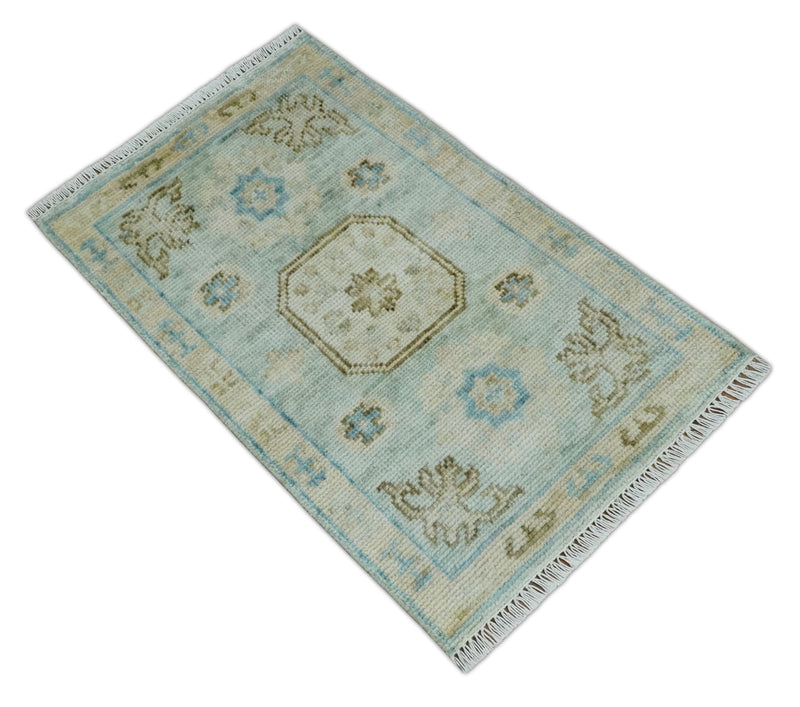 2x3 Hand Knotted Aqua and Olive Oushak Wool Rug, Entryway Rug | TRDCP124523