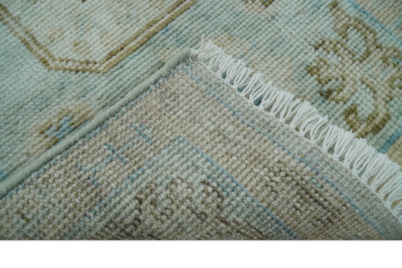 2x3 Hand Knotted Aqua and Olive Oushak Wool Rug, Entryway Rug | TRDCP124523