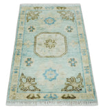 2x3 Hand Knotted Aqua and Olive Oushak Wool Rug, Entryway Rug | TRDCP125423