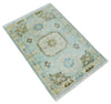 2x3 Hand Knotted Aqua and Olive Oushak Wool Rug, Entryway Rug | TRDCP125423