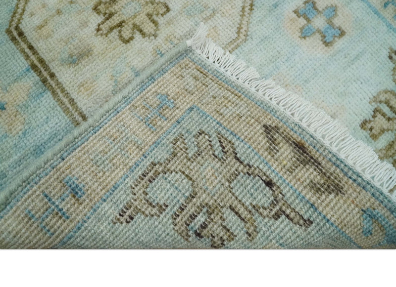 2x3 Hand Knotted Aqua and Olive Oushak Wool Rug, Entryway Rug | TRDCP125423