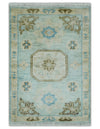 2x3 Hand Knotted Aqua and Olive Oushak Wool Rug, Entryway Rug | TRDCP125423