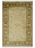 2x3 Hand Knotted Beige and Olive Traditional Persian Oushak Wool Rug | N323