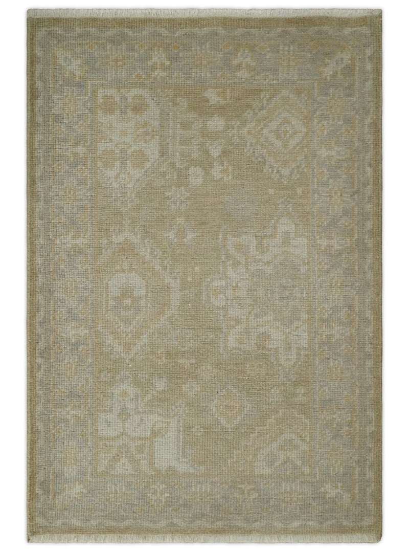 2x3 Hand Knotted Beige, Gray and Silver Traditional Persian Oushak Wool Rug | N2323