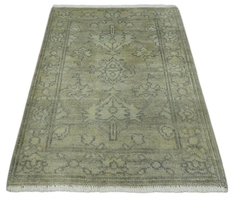 2x3 Hand Knotted Beige, Ivory and Charcoal Traditional Persian Oushak Wool Rug | N3223