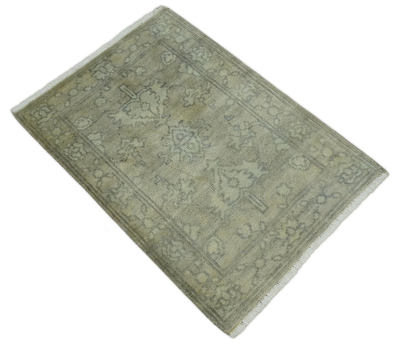 2x3 Hand Knotted Beige, Ivory and Charcoal Traditional Persian Oushak Wool Rug | N3223