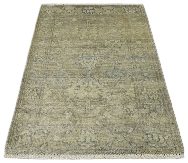 2x3 Hand Knotted Beige, Ivory and Charcoal Traditional Persian Oushak Wool Rug | N5823