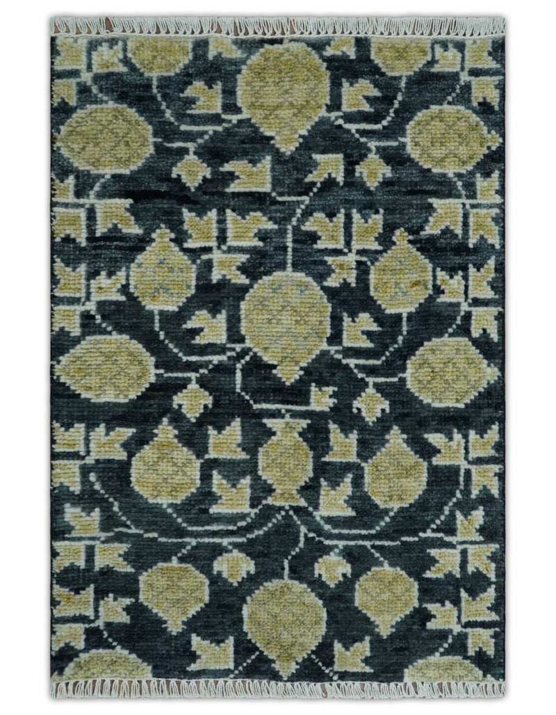 2x3 Hand Knotted Black and Beige Traditional Antique Style Wool Rug | TRDCP124623