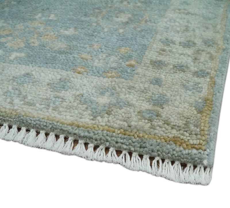 2x3 Hand Knotted Blue and Beige Traditional Oushak Wool Rug | TRDCP124923