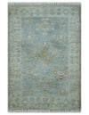 2x3 Hand Knotted Blue and Beige Traditional Oushak Wool Rug | TRDCP124923