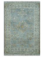 2x3 Hand Knotted Blue and Beige Traditional Oushak Wool Rug | TRDCP124923