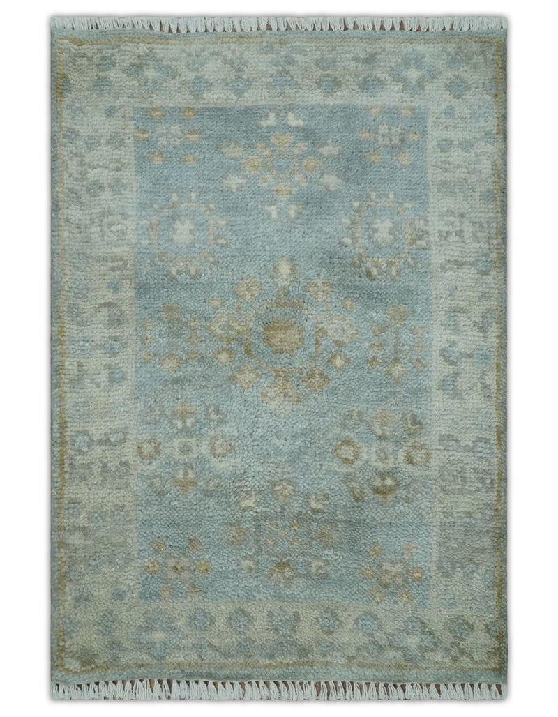 2x3 Hand Knotted Blue and Beige Traditional Oushak Wool Rug | TRDCP124923