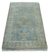 2x3 Hand Knotted Blue and Beige Traditional Oushak Wool Rug | TRDCP124923