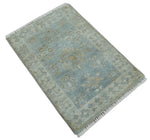 2x3 Hand Knotted Blue and Beige Traditional Oushak Wool Rug | TRDCP124923