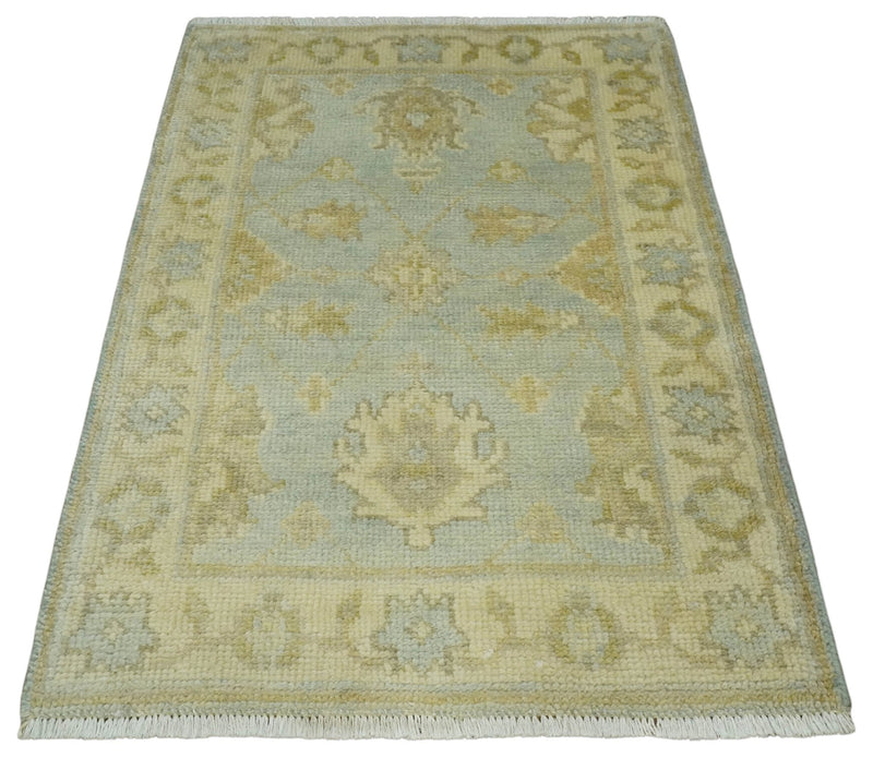 2x3 Hand Knotted Blue and Beige Traditional Persian Oushak Wool Rug | N2923