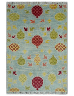 2x3 Hand Knotted Blue, Red, Yellow and Green Oushak Wool Rug | TRDCP124423