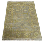 2x3 Hand Knotted Gray, Beige and Olive Traditional Persian Oushak Wool Rug | N4423
