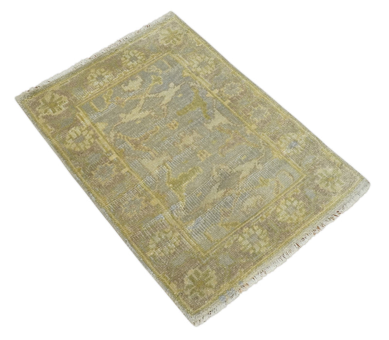 2x3 Hand Knotted Gray, Beige and Olive Traditional Persian Oushak Wool Rug | N4423