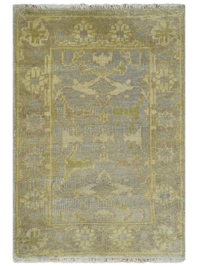 2x3 Hand Knotted Gray, Beige and Olive Traditional Persian Oushak Wool Rug | N4423