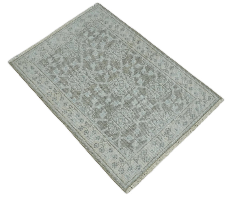 2x3 Hand Knotted Ivory and Gray Traditional Persian Oushak Wool Rug | N2623