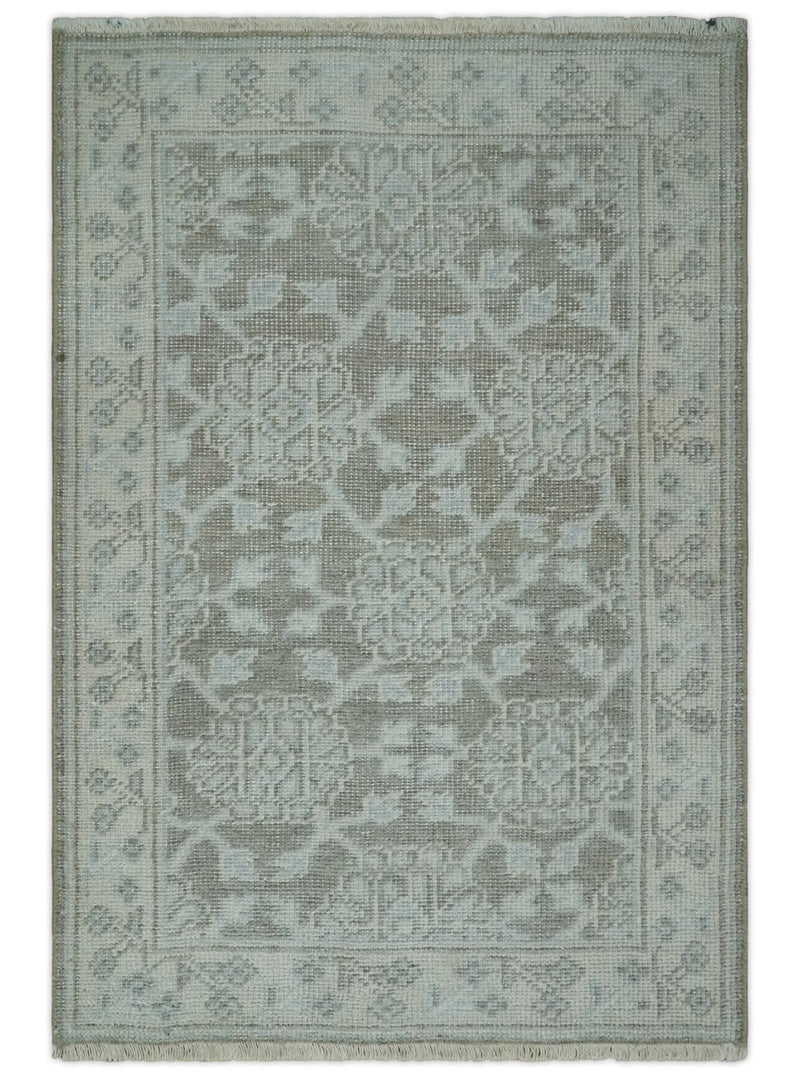 2x3 Hand Knotted Ivory and Gray Traditional Persian Oushak Wool Rug | N2623