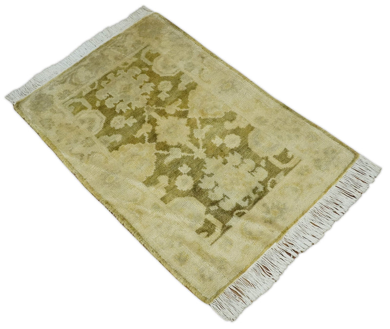 2x3 Hand Knotted Olive, Beige and Gray Traditional Persian Oushak Wool Rug | N3623