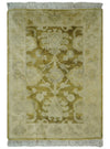 2x3 Hand Knotted Olive, Beige and Gray Traditional Persian Oushak Wool Rug | N423