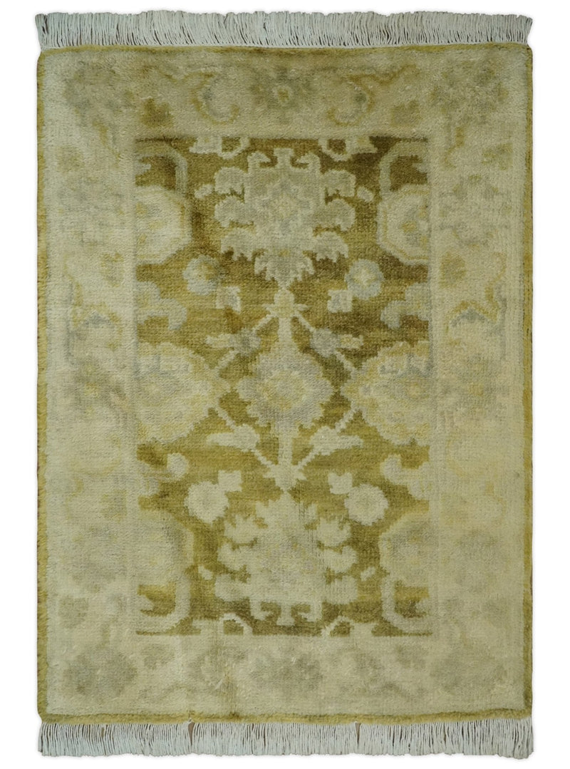 2x3 Hand Knotted Olive, Beige and Gray Traditional Persian Oushak Wool Rug | N423