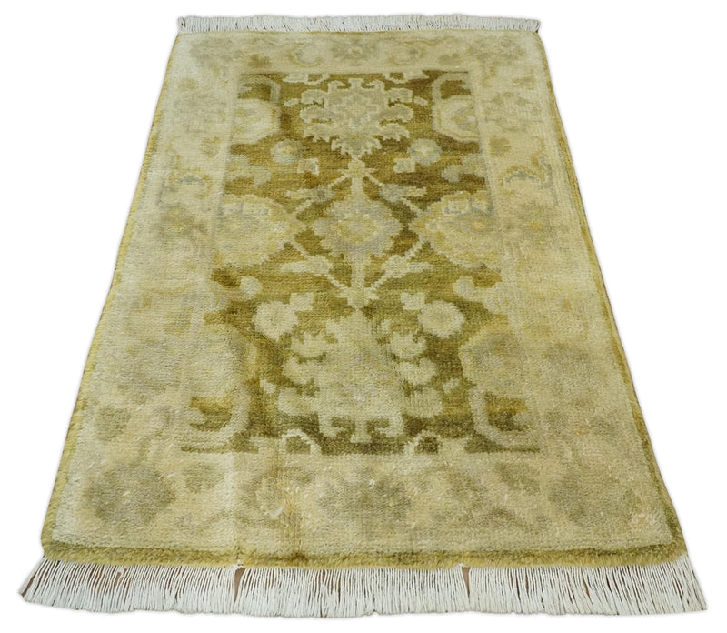 2x3 Hand Knotted Olive, Beige and Gray Traditional Persian Oushak Wool Rug | N423