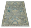 2x3 Hand Knotted Silver, Beige and Teal Traditional Wool Rug