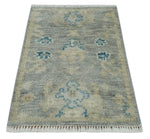 2x3 Hand Knotted Silver, Beige and Teal Traditional Wool Rug