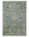 2x3 Hand Knotted Silver, Beige and Teal Traditional Wool Rug
