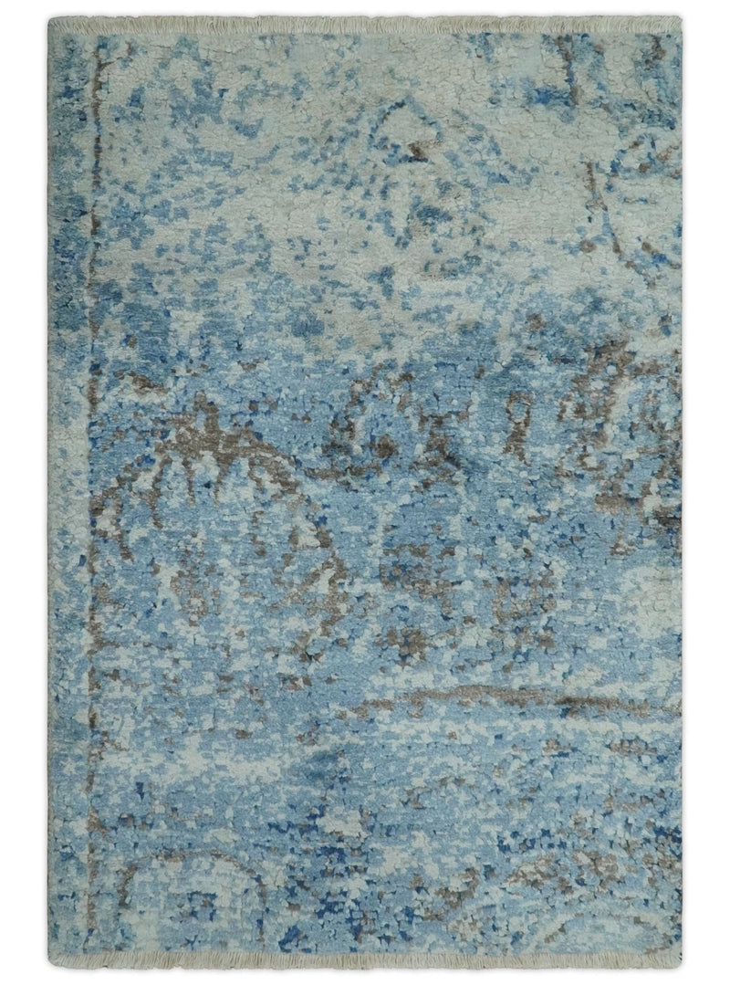 2x3 Hand Knotted Silver, Blue and Brown Modern Wool and Bamboo Silk Rug | N923