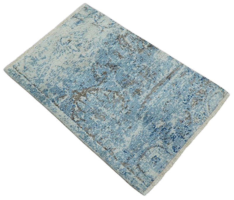 2x3 Hand Knotted Silver, Blue and Brown Modern Wool and Bamboo Silk Rug | N923