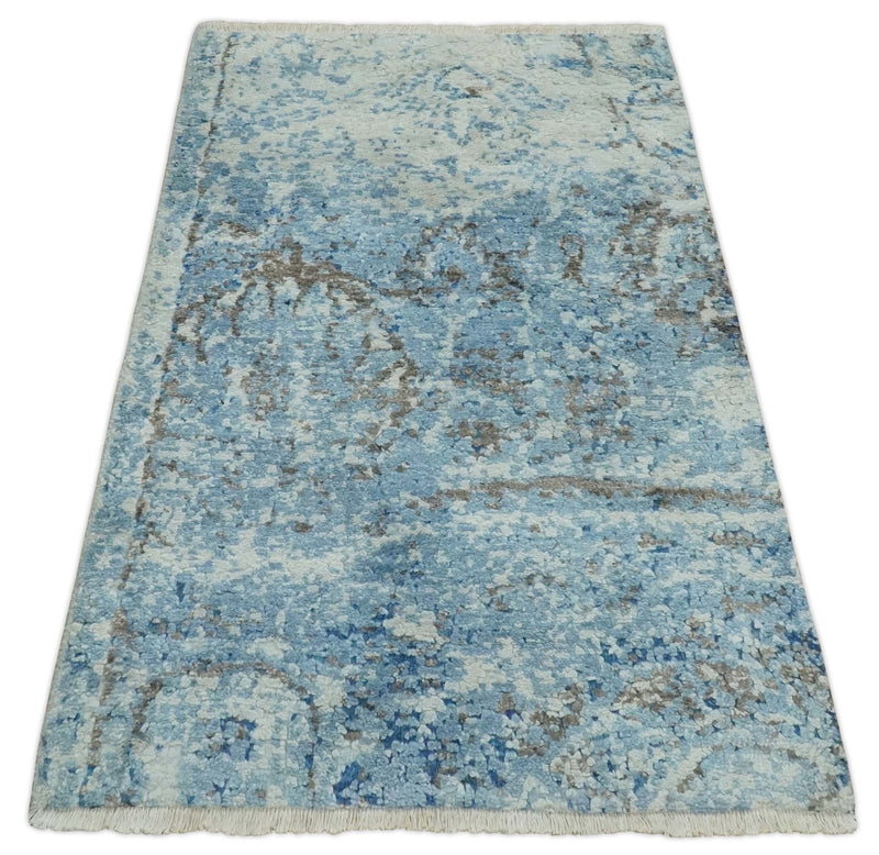 2x3 Hand Knotted Silver, Blue and Brown Modern Wool and Bamboo Silk Rug | N923