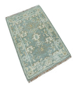 2x3 Hand Knotted Silver, Ivory and Brown Traditional Oushak Wool Rug