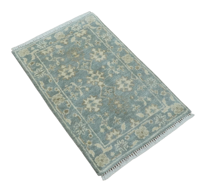 2x3 Hand Knotted Silver, Ivory and Brown Traditional Oushak Wool Rug