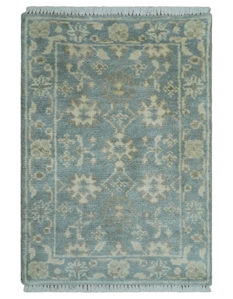 2x3 Hand Knotted Silver, Ivory and Brown Traditional Oushak Wool Rug