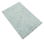 2x3 Hand Knotted Silver, Teal and Brown Heriz Serapi Wool Rug