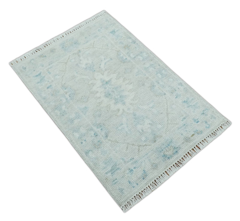 2x3 Hand Knotted Silver, Teal and Brown Heriz Serapi Wool Rug