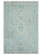 2x3 Hand Knotted Silver, Teal and Brown Heriz Serapi Wool Rug